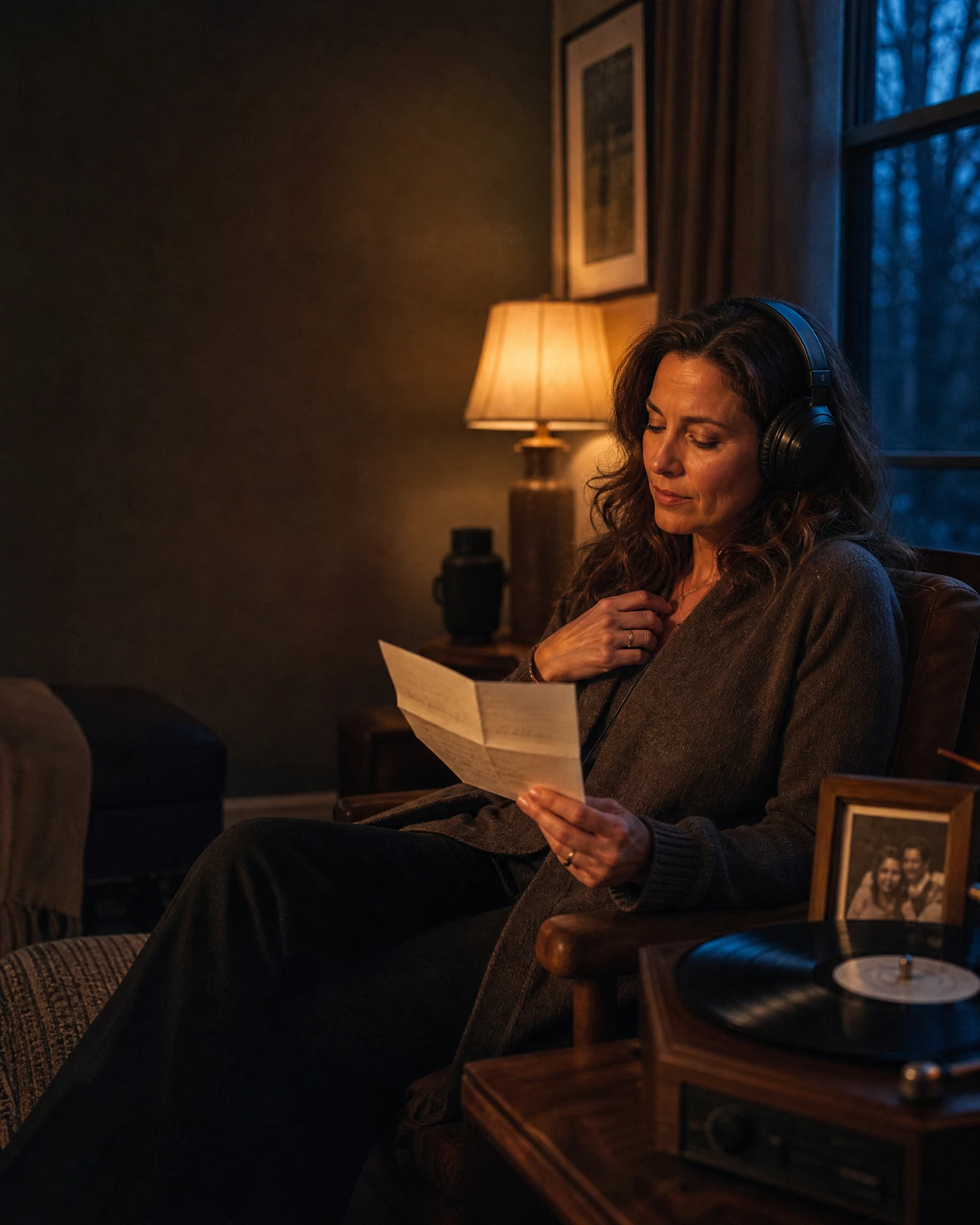 A woman listening to a personal song while holding a handwritten letter