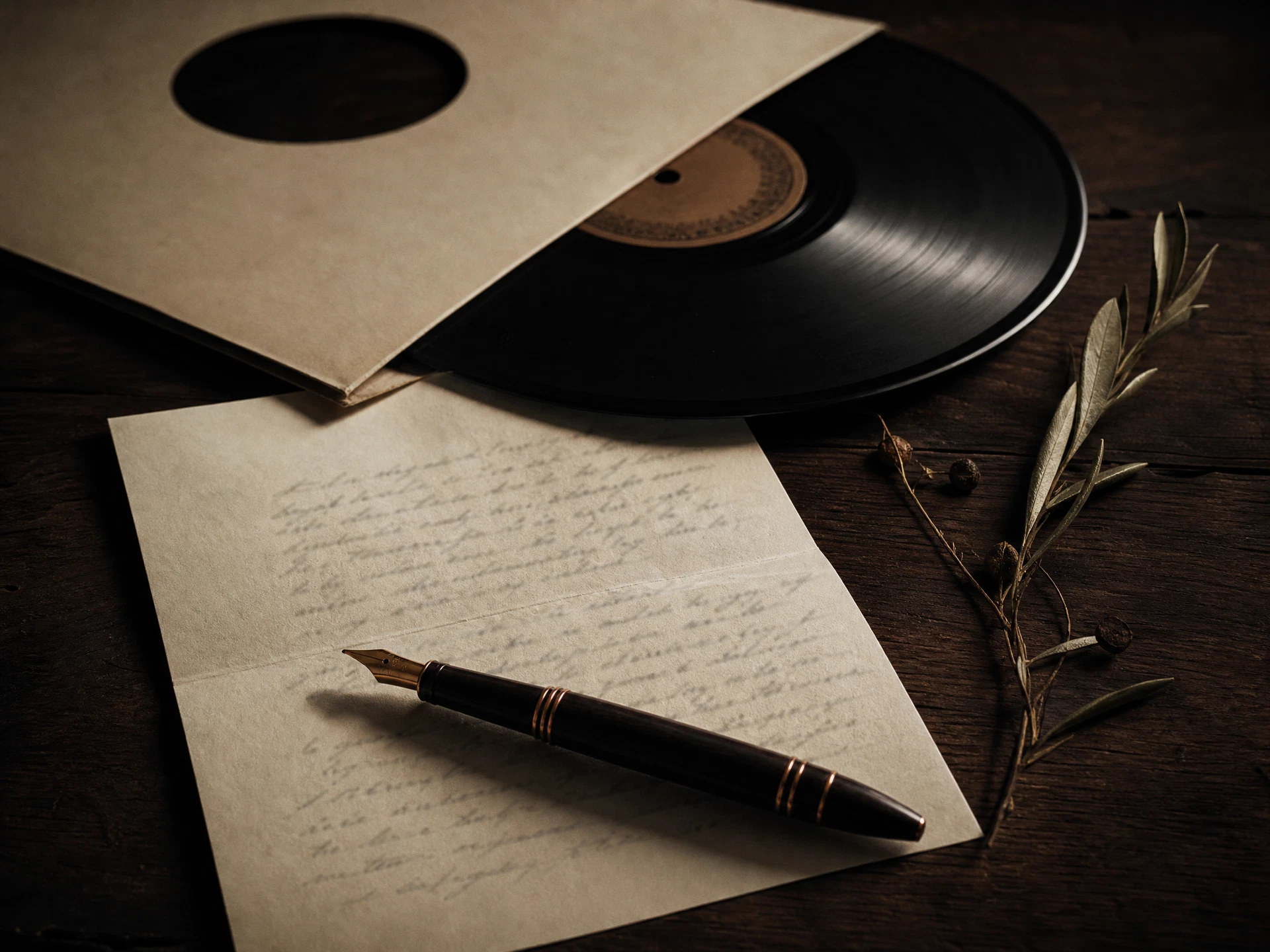 Vinyl record and handwritten letter on a dark table
