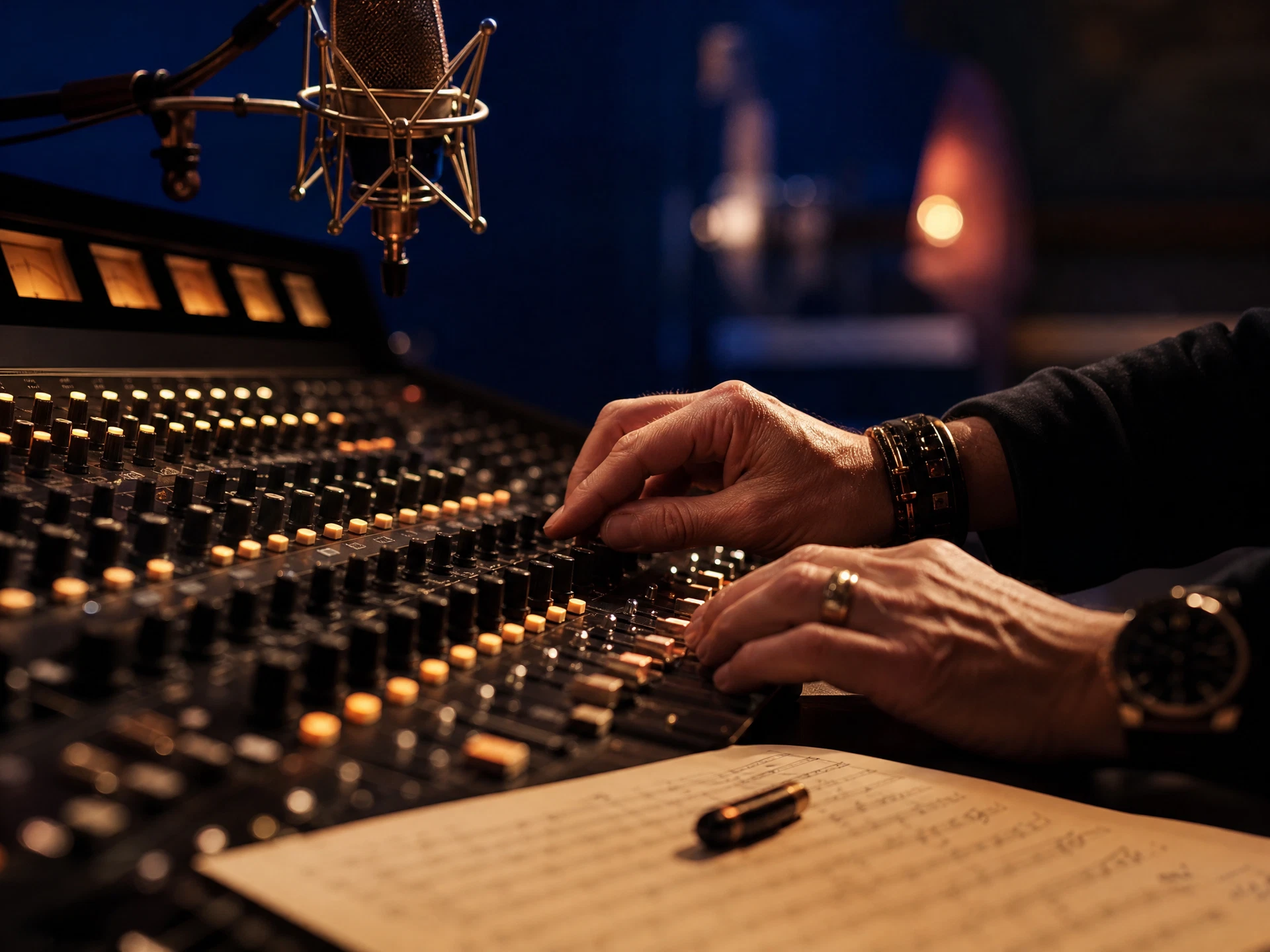 Hands adjusting a professional recording studio mixing desk